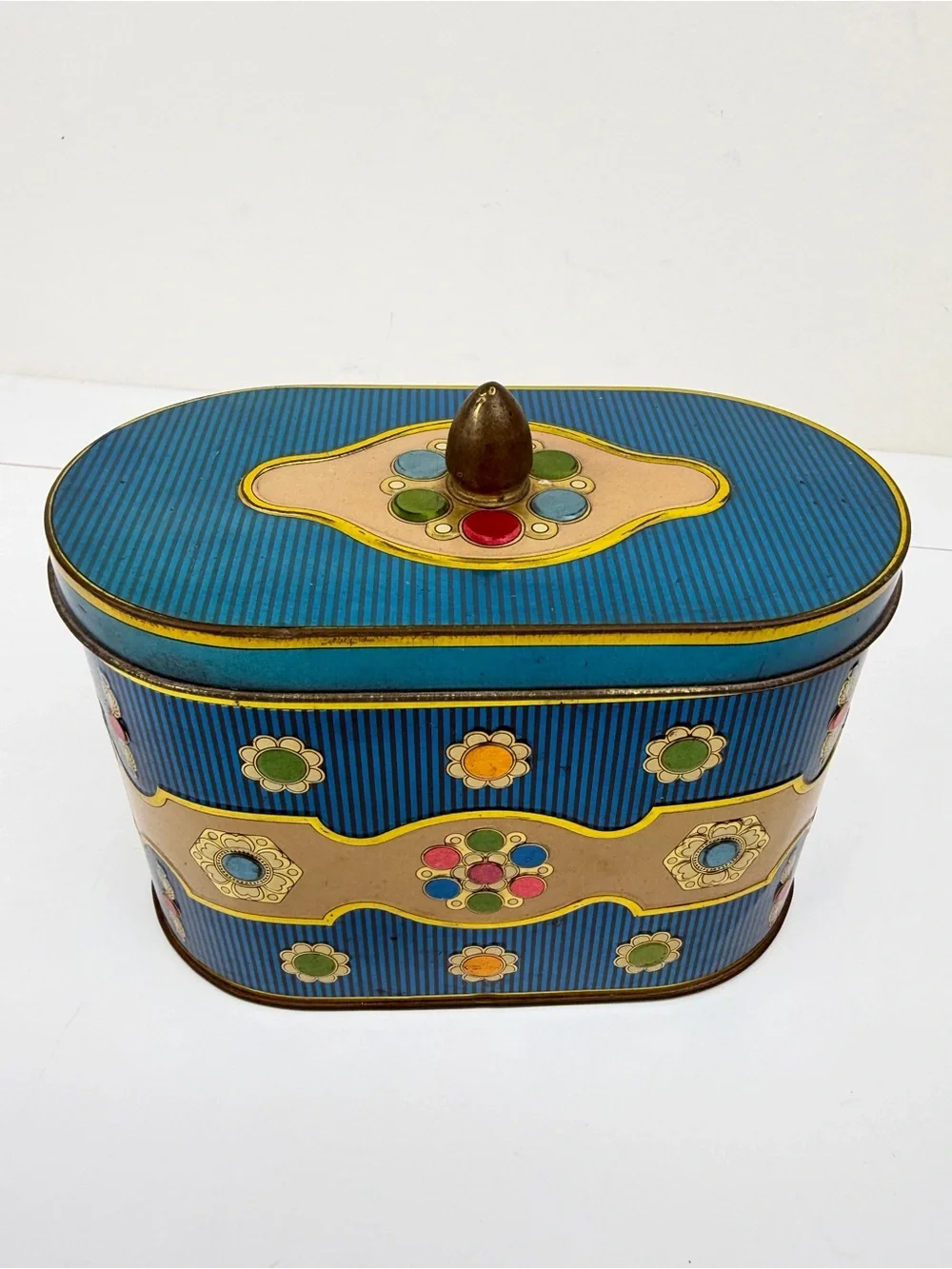 Vintage Blue Floral Tin Canister Storage Box with Brass Lid Knob